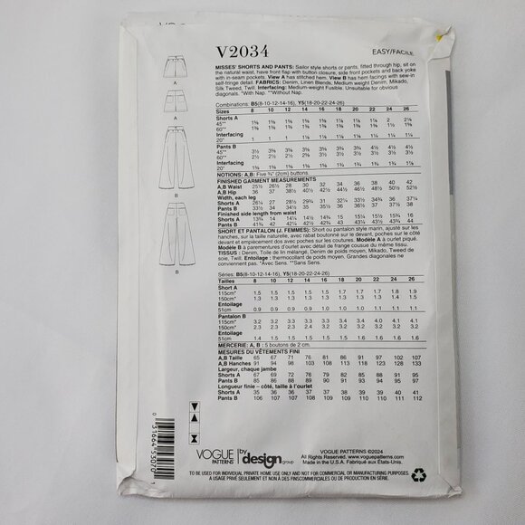 Vogue Patterns V2034 Misses Shorts & Pants Sewing Pattern Size B5 8-10-12-14-16 - Picture 4 of 6